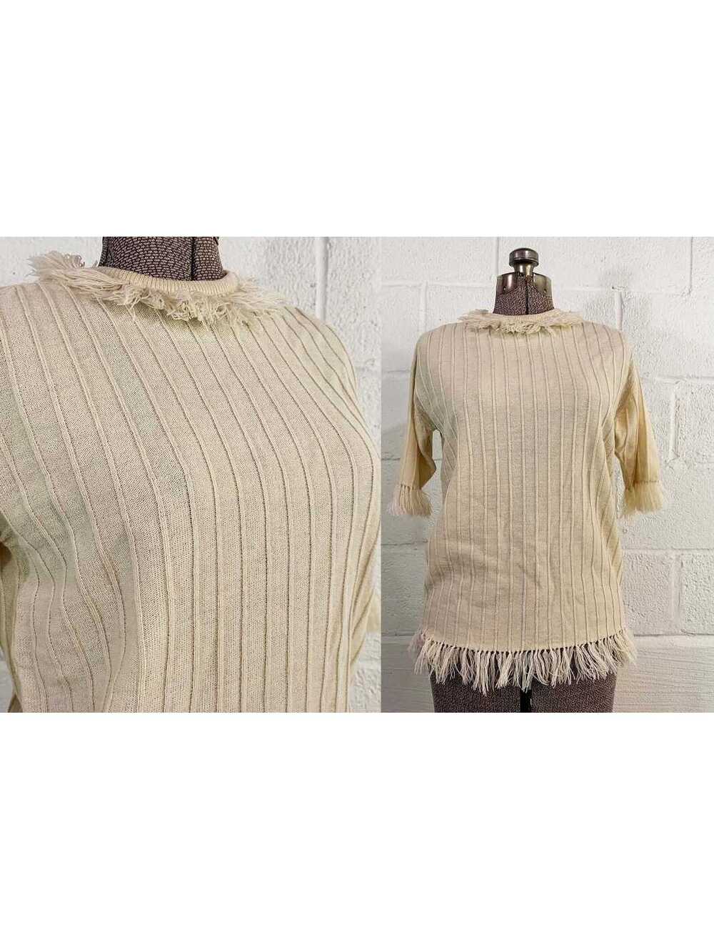 70s Cream Knit Sweater Acrylic Ribbed Fringe Top